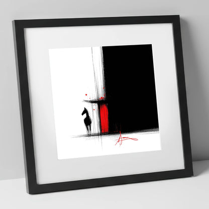 Crimson Stable Door horse stable art print in black frame
