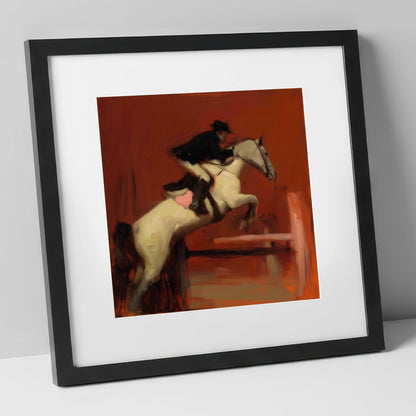 The Crimson Leap show jumping horse art print in black frame
