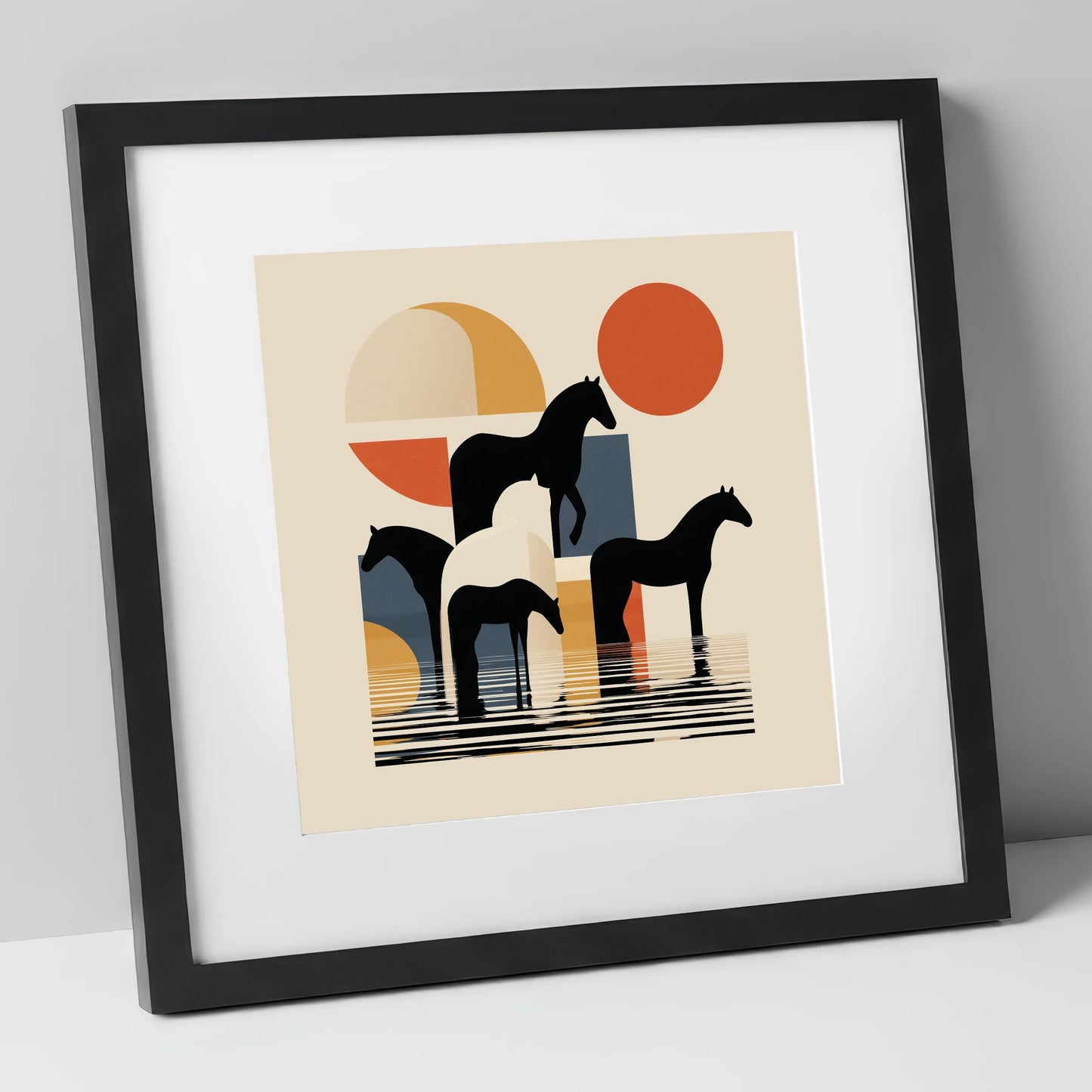 Geometric Equine Reflections wild horses art print in black frame