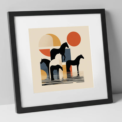 Geometric Equine Reflections wild horses art print in black frame