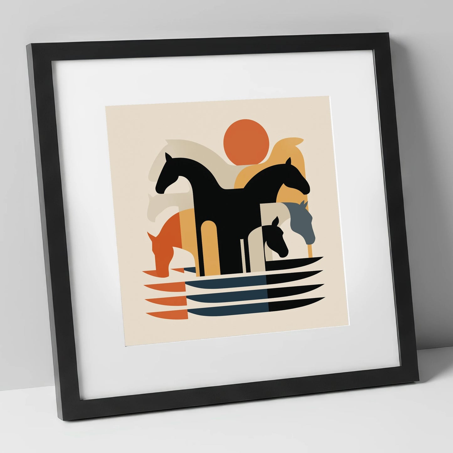 Abstract Terracotta Herd wild horses art print in black frame