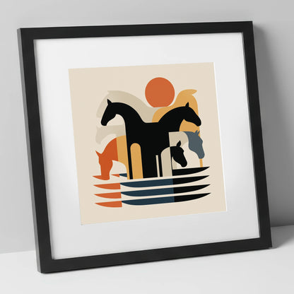 Abstract Terracotta Herd wild horses art print in black frame