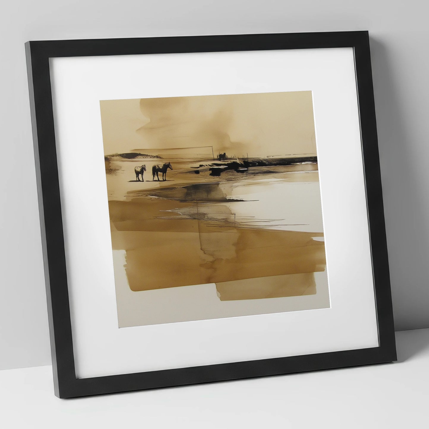 Sepia Shoreline Drift horse landscape art print in black frame
