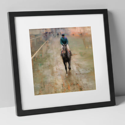 Dawn on the Turf racing horse art print in black frame