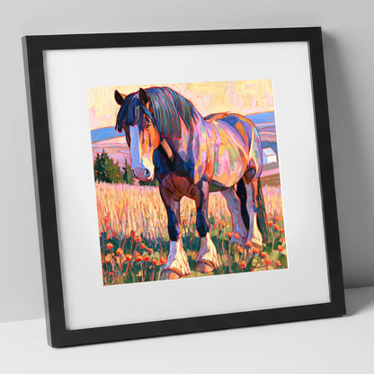 Colourful Heavy Horse in Meadow horse breed art print in black frame