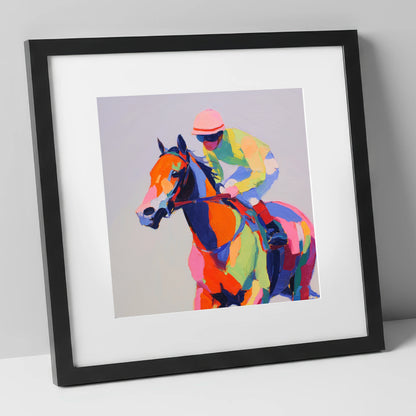 Technicolour Gallop racing horse art print in black frame
