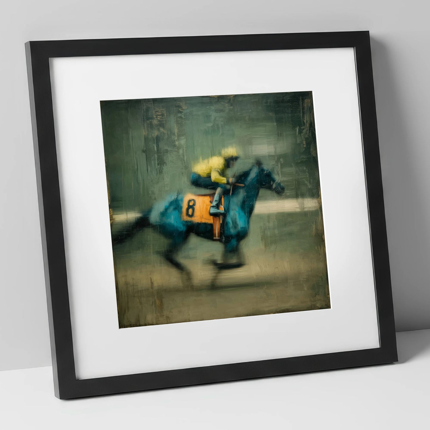 Number Eight at Speed racing horse art print in black frame