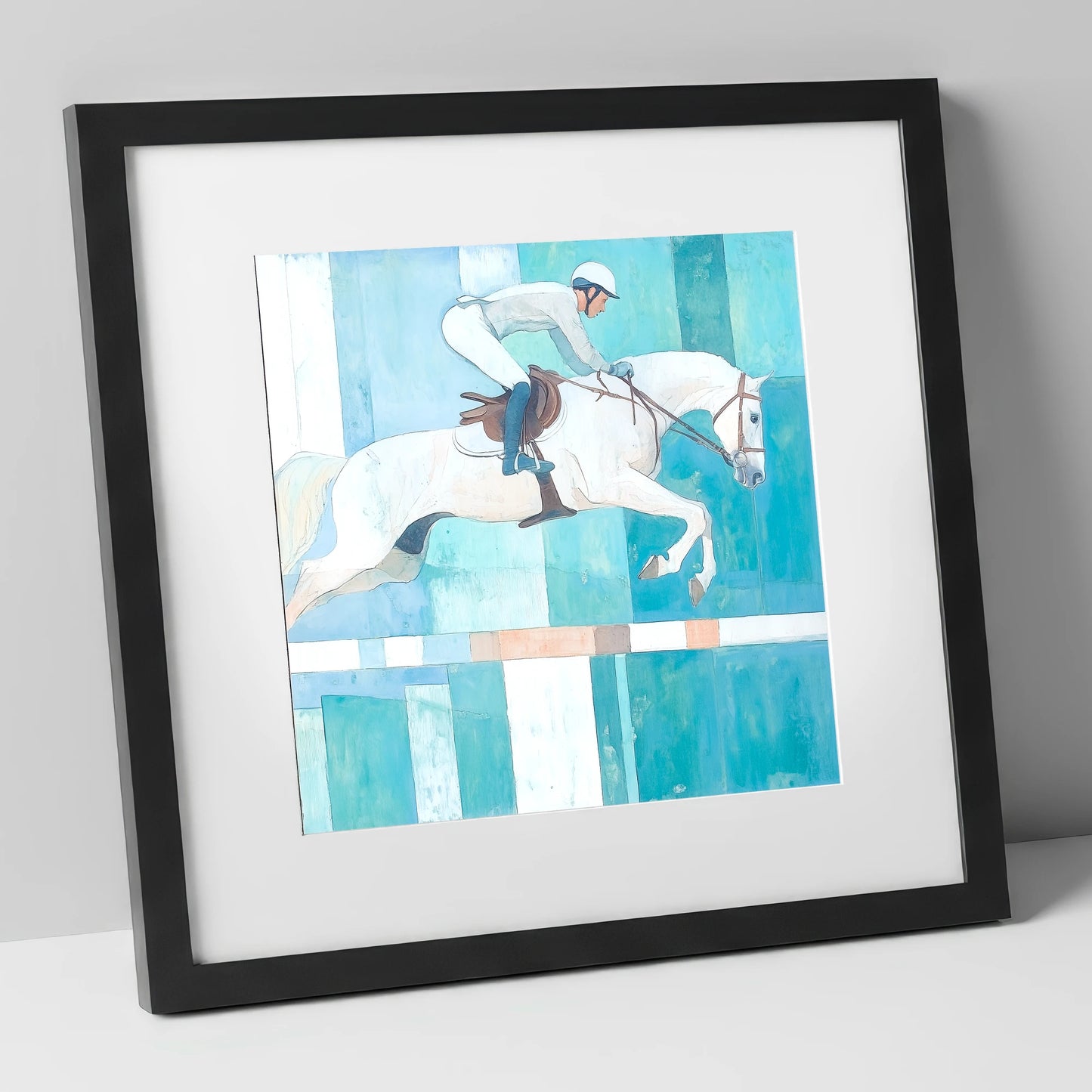 Aquamarine Ascent show jumping horse art print in black frame