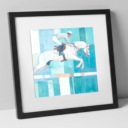 Aquamarine Ascent show jumping horse art print in black frame