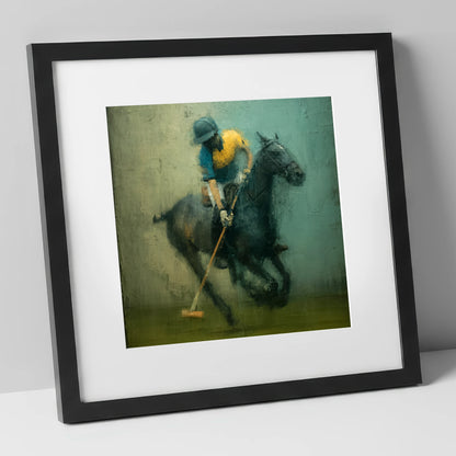 Midfield Strike polo horse art print in black frame