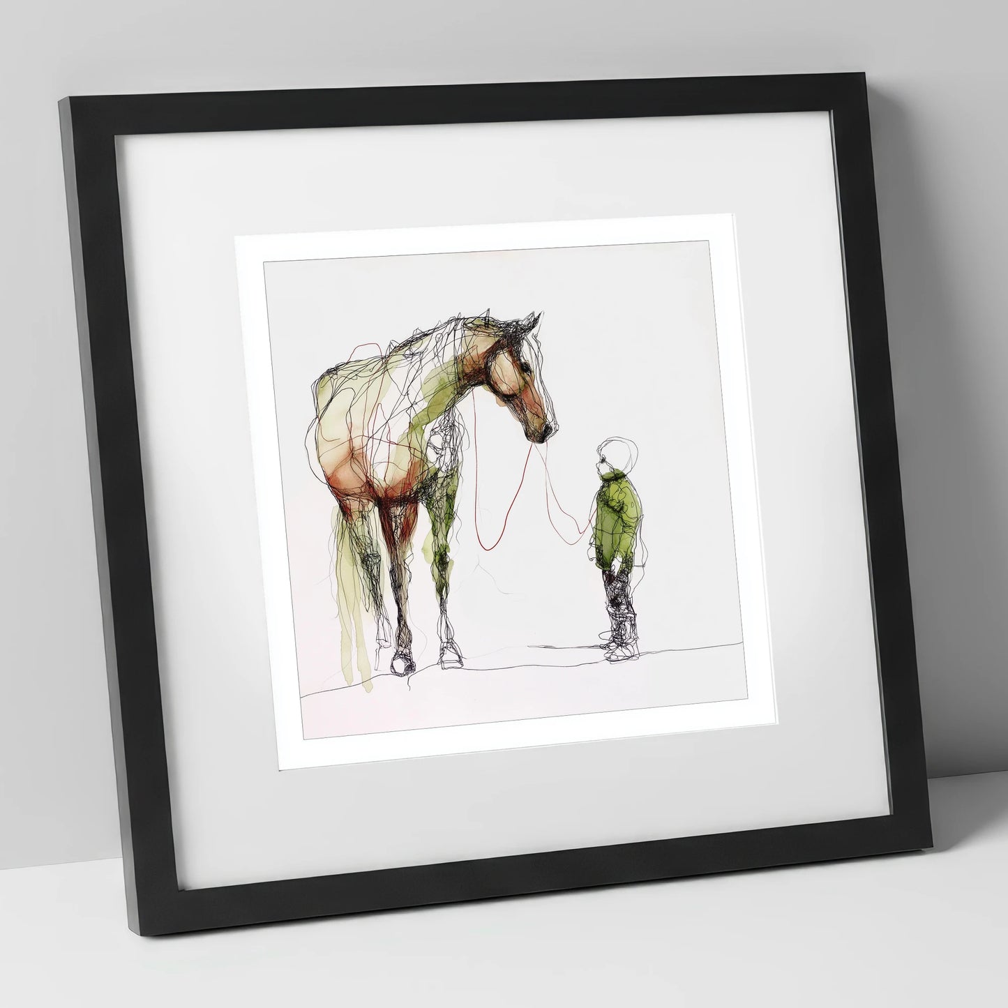 Quiet Connection horse & rider art print in black frame
