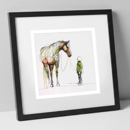 Quiet Connection horse & rider art print in black frame