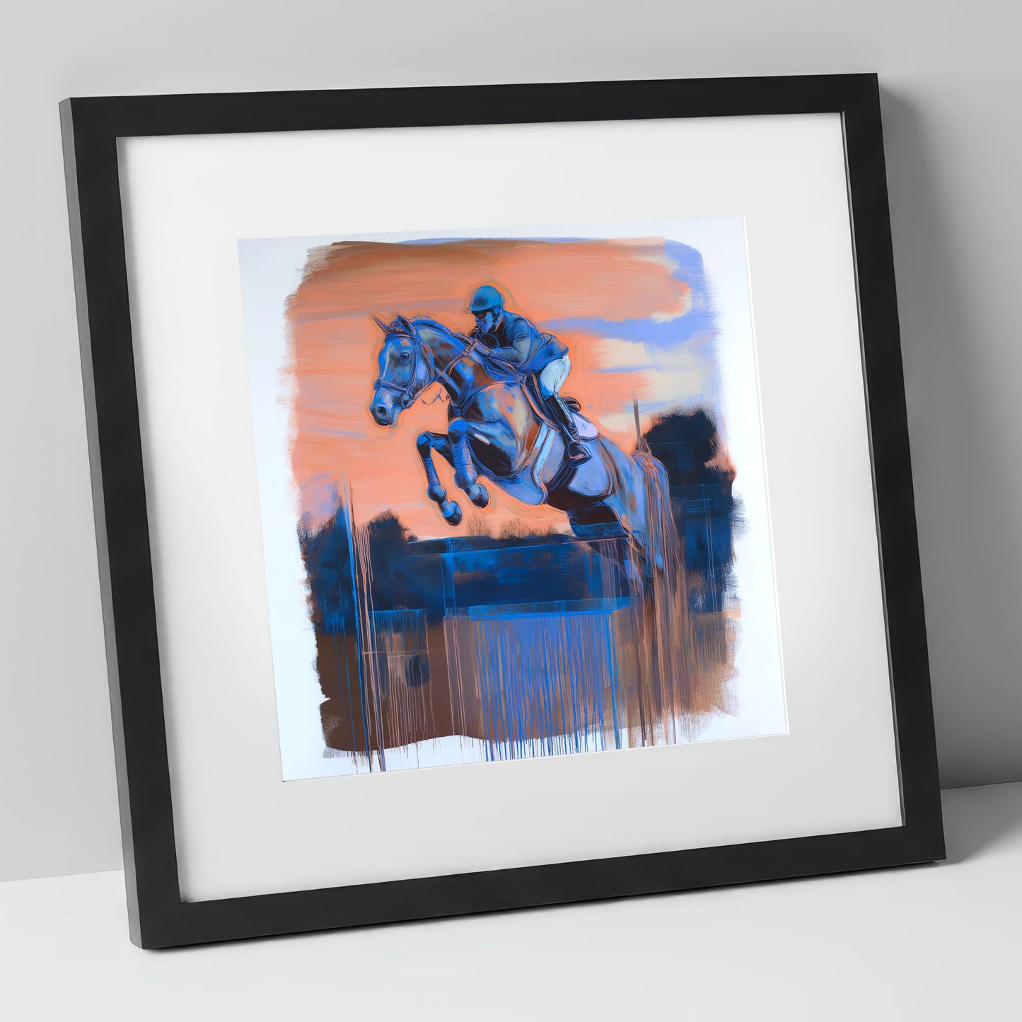 Cobalt Clearance show jumping horse art print in black frame