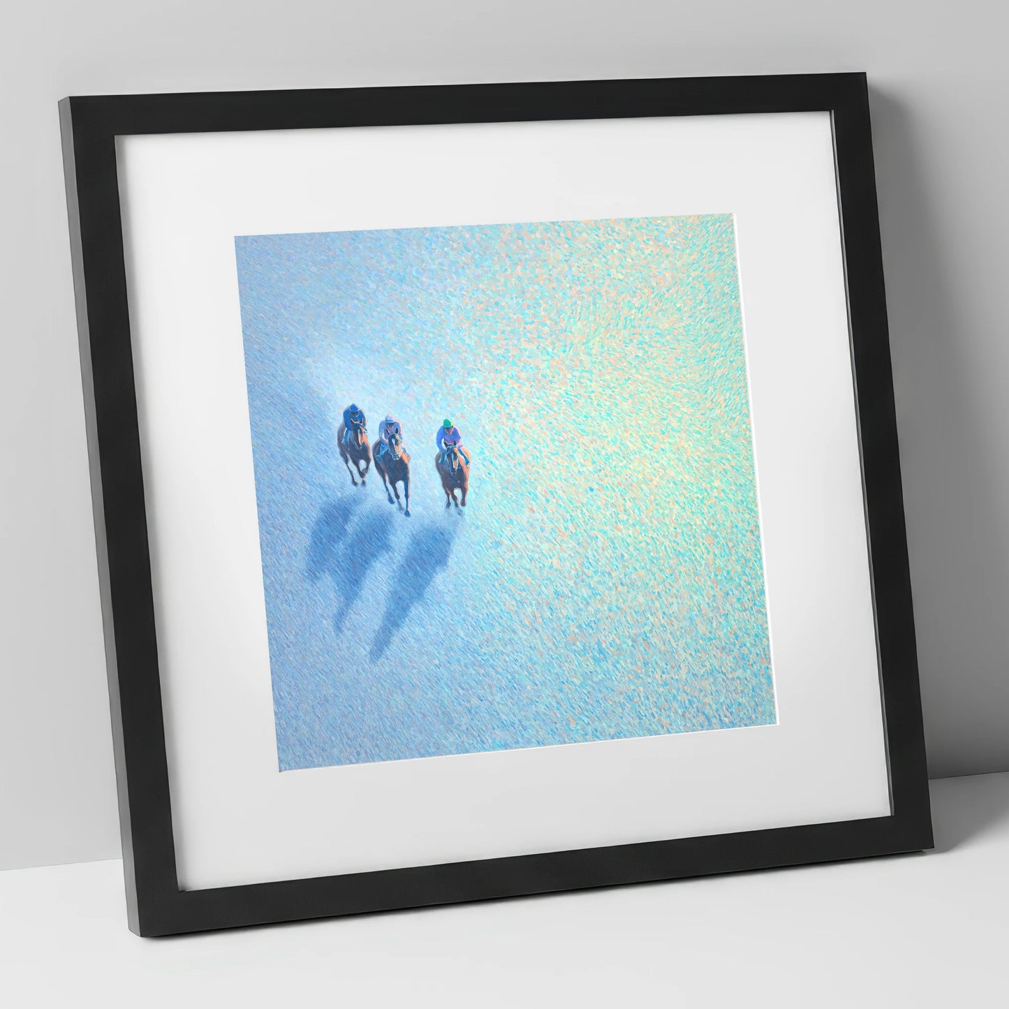 Luminous Morning Gallop racing horse art print in black frame