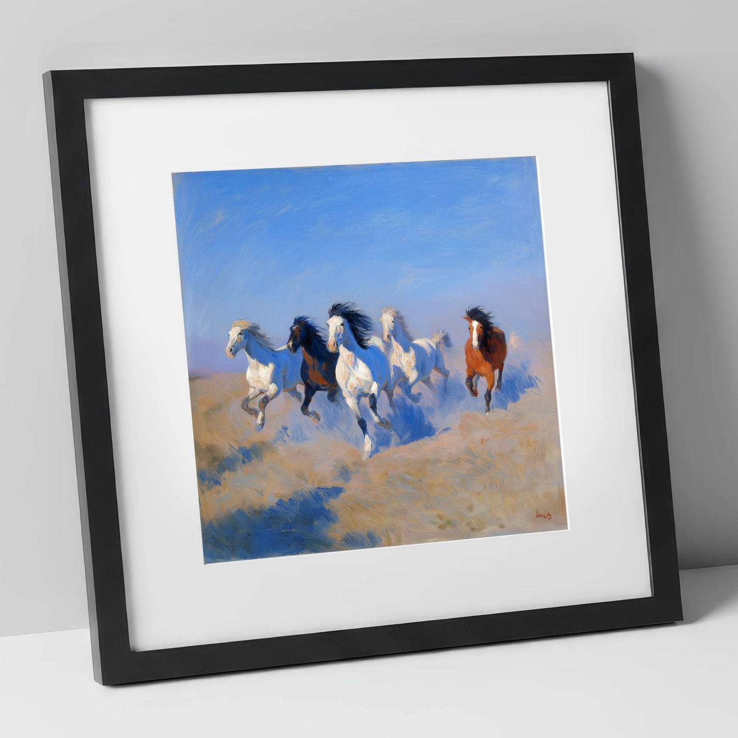 The Cerulean Gallop wild horses art print in black frame