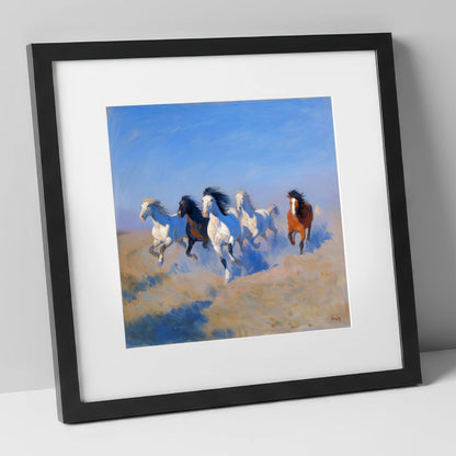 The Cerulean Gallop wild horses art print in black frame