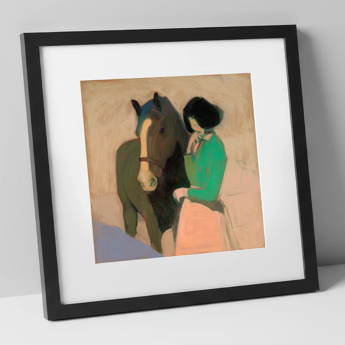 Dark Horse and Lady in Green horse & rider art print in black frame