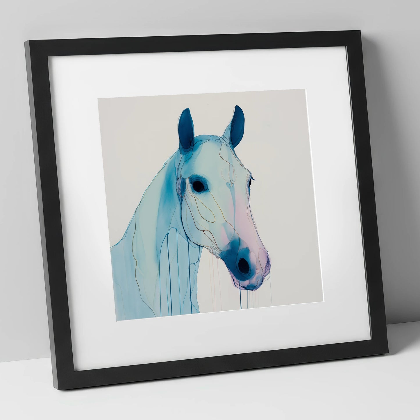 Ethereal Azure Equine horse portrait art print in black frame