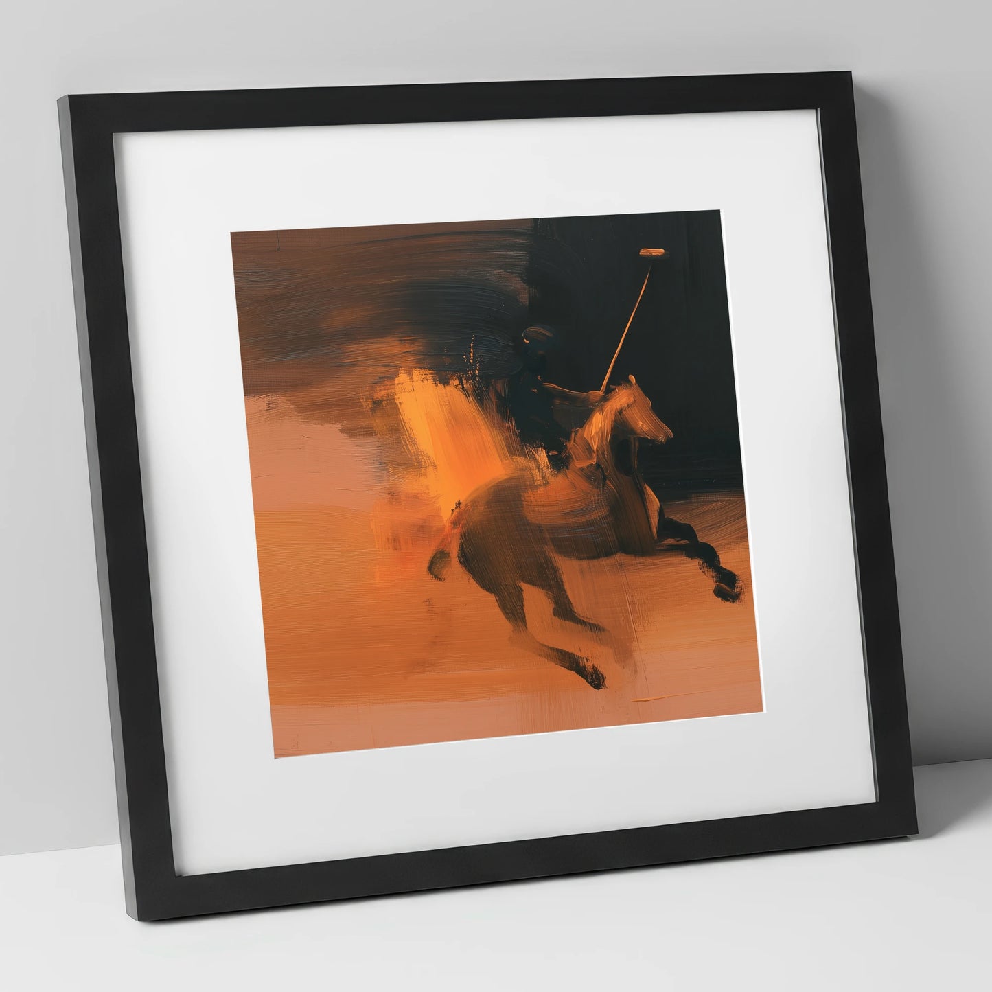 Amber Polo Strike polo horse art print in black frame