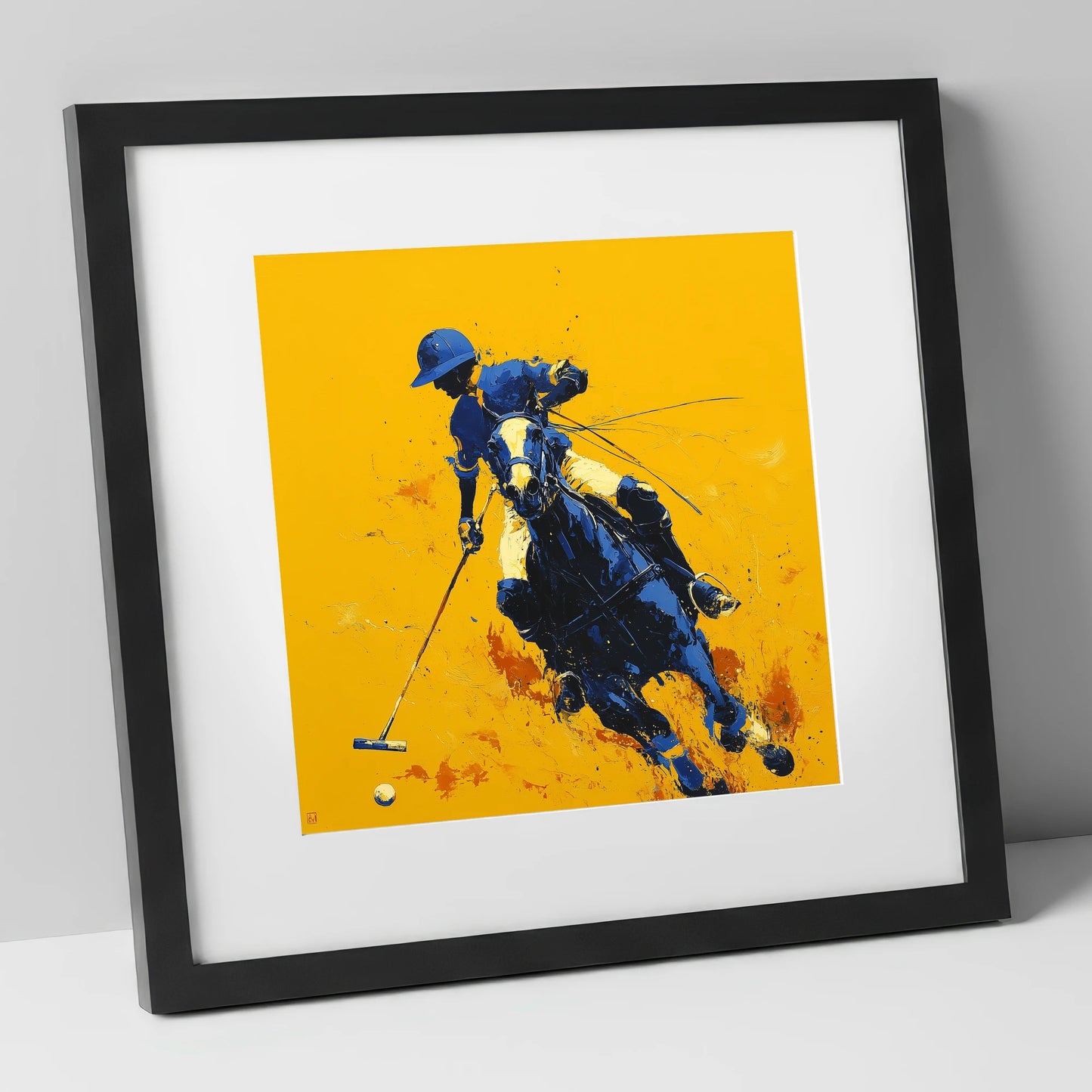 Indigo Chukka Strike polo horse art print in black frame
