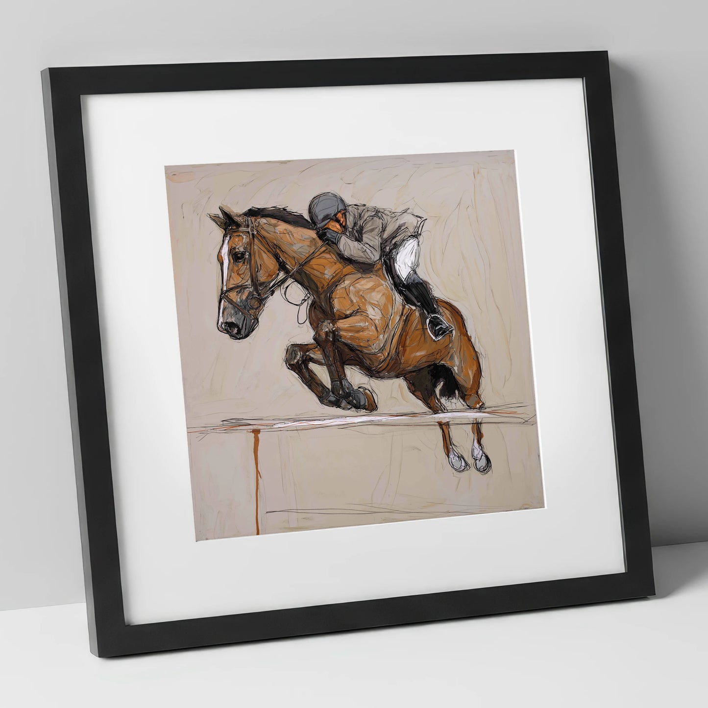 Airborne Precision show jumping horse art print in black frame