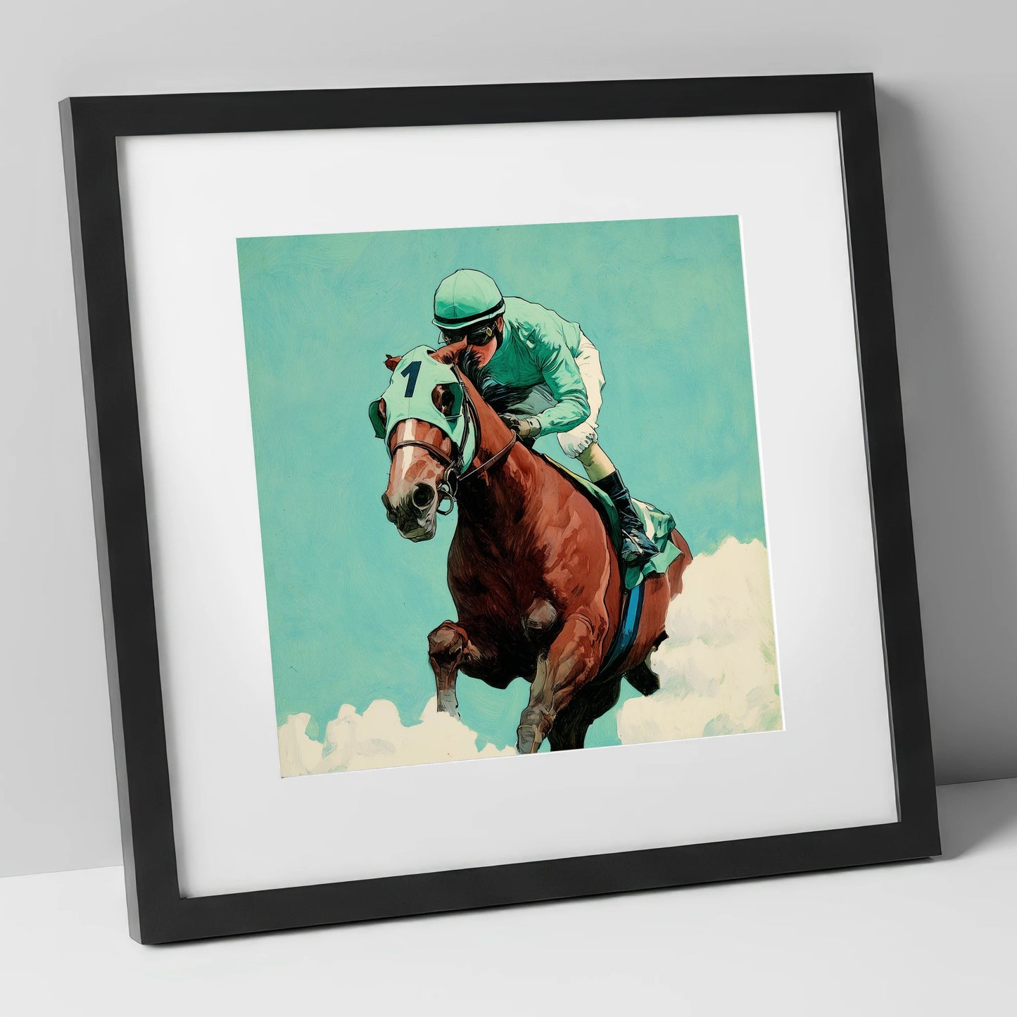 Flight of the Champion racing horse art print in black frame