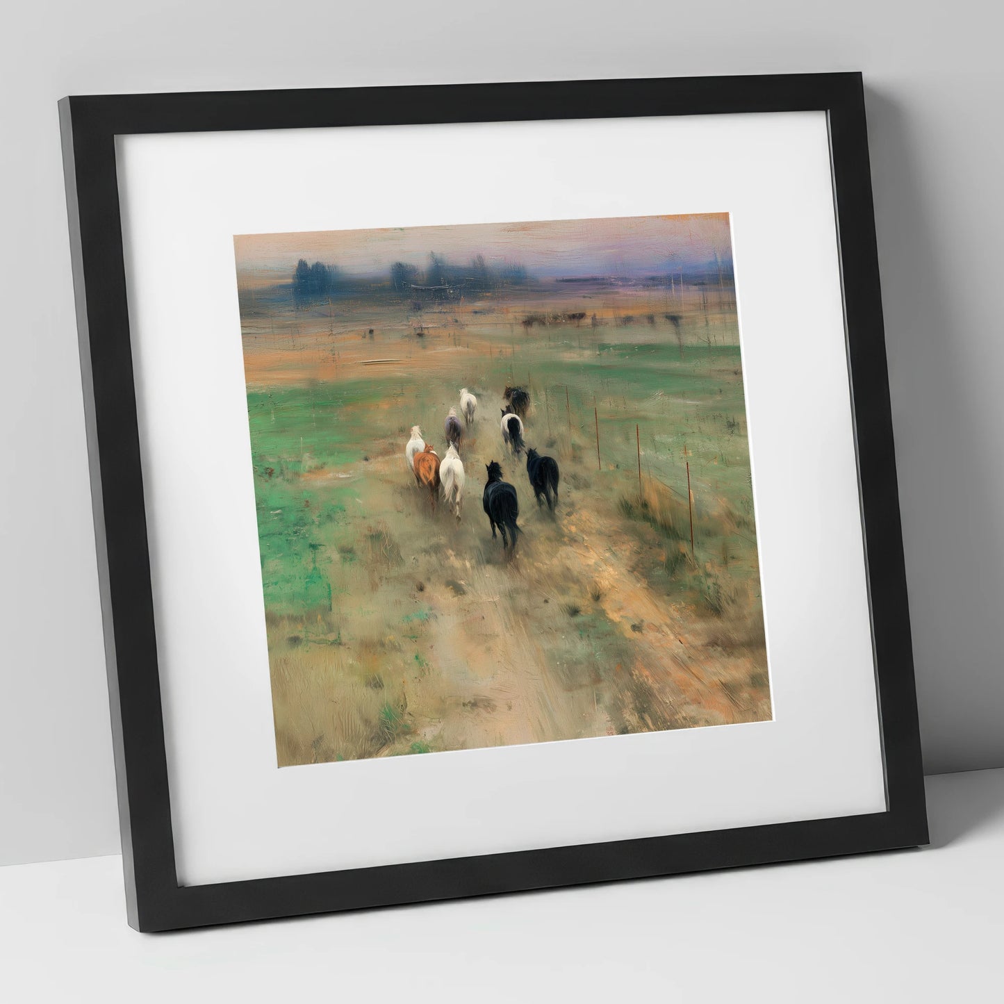 Heading for the Horizon wild horses art print in black frame