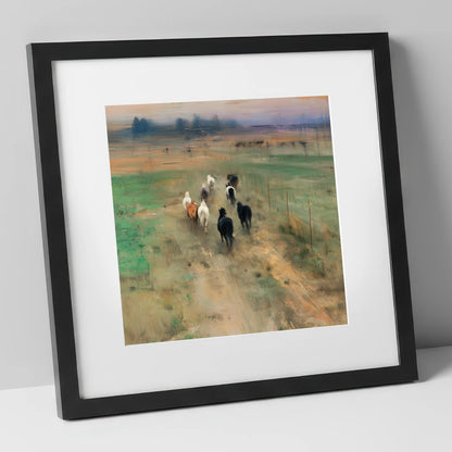 Heading for the Horizon wild horses art print in black frame
