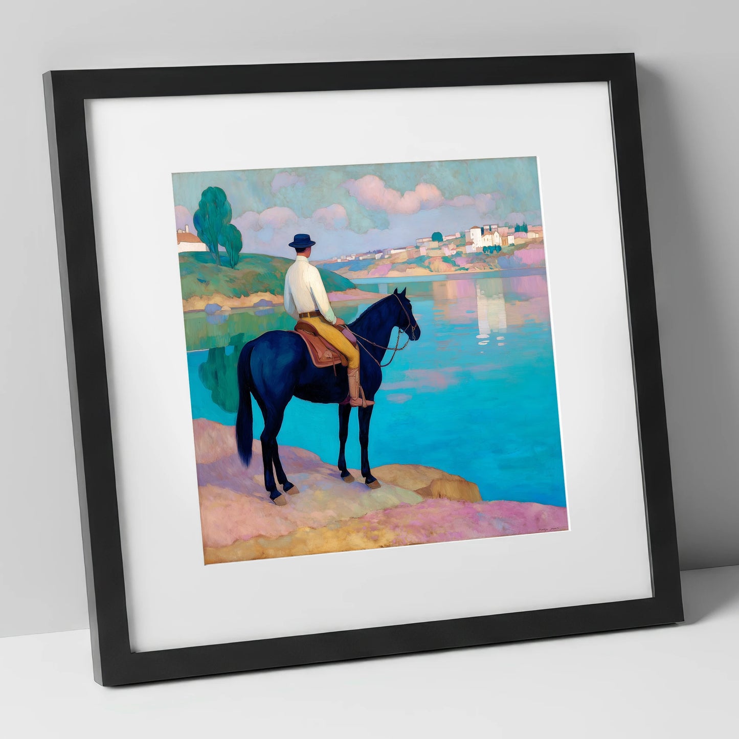 Gazing Across Vivid Waters beach horse art print in black frame