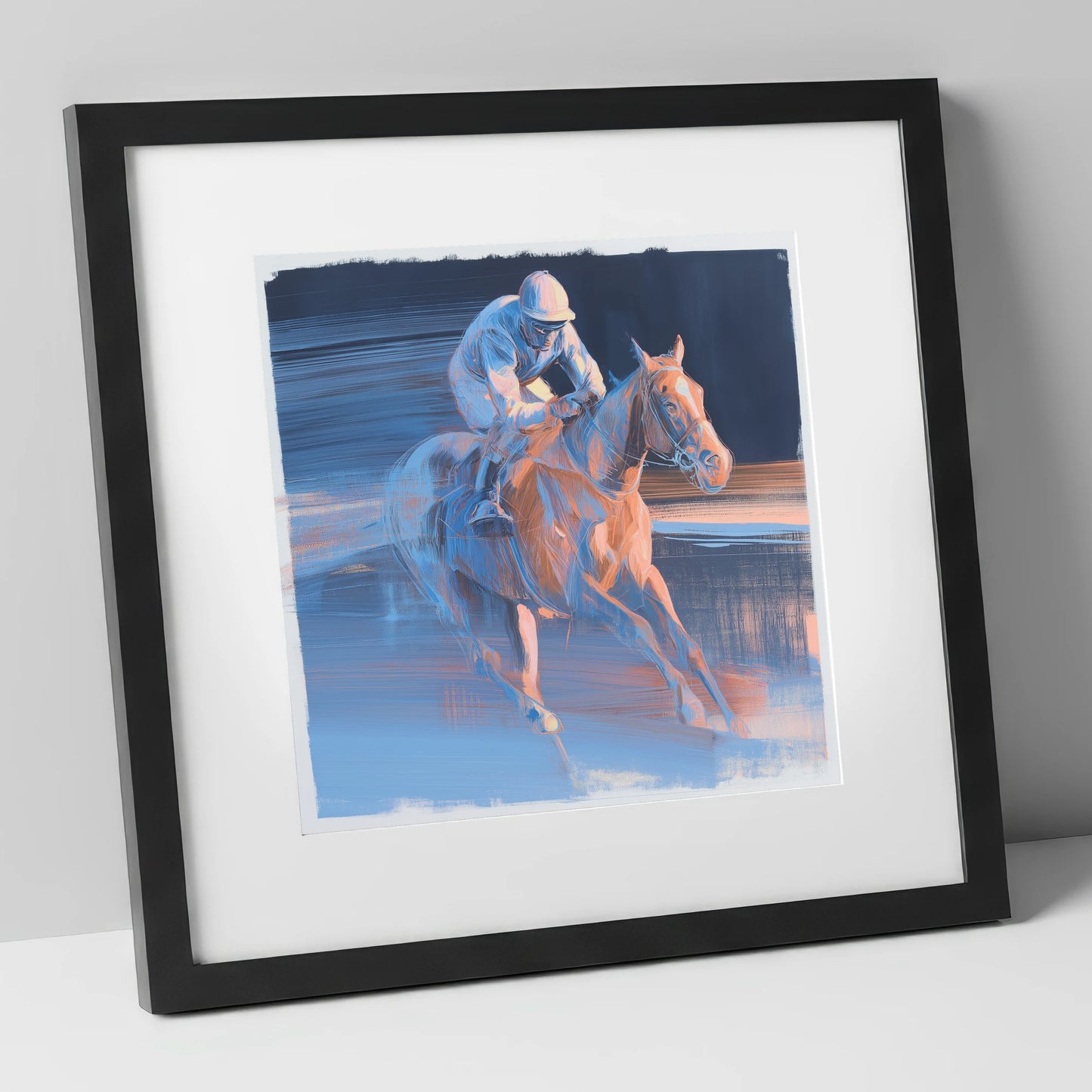 Twilight Stretch racing horse art print in black frame