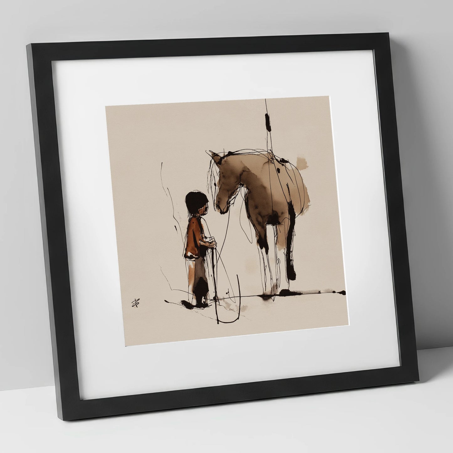 The Silent Bond horse & rider art print in black frame