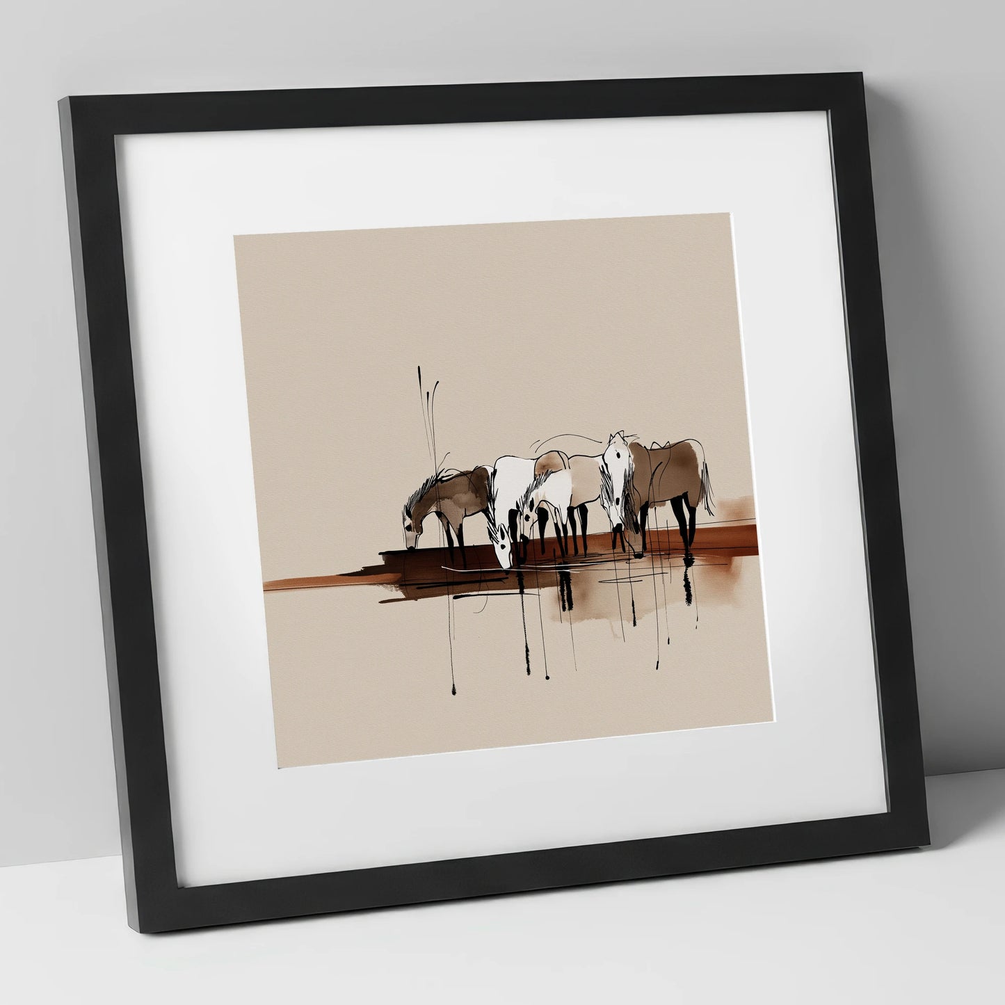 Gathering at the Water wild horses art print in black frame
