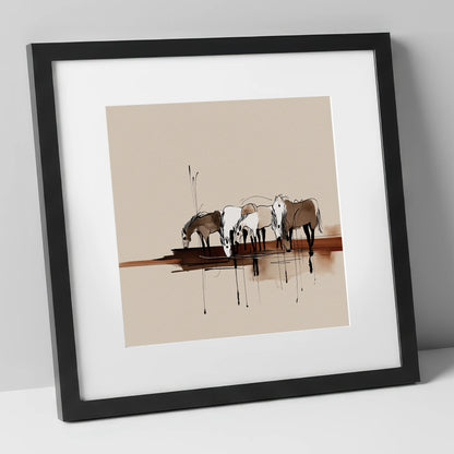 Gathering at the Water wild horses art print in black frame