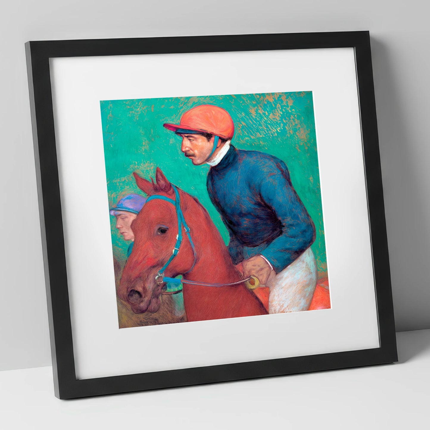 Turf Anticipation racing horse art print in black frame
