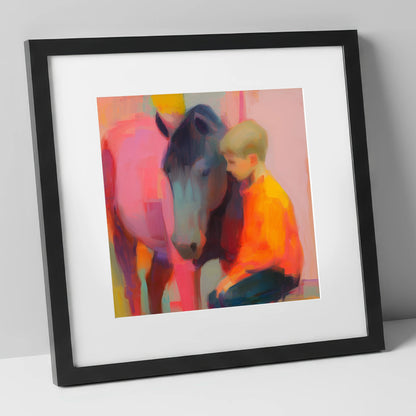 Vibrant Embrace horse & rider art print in black frame