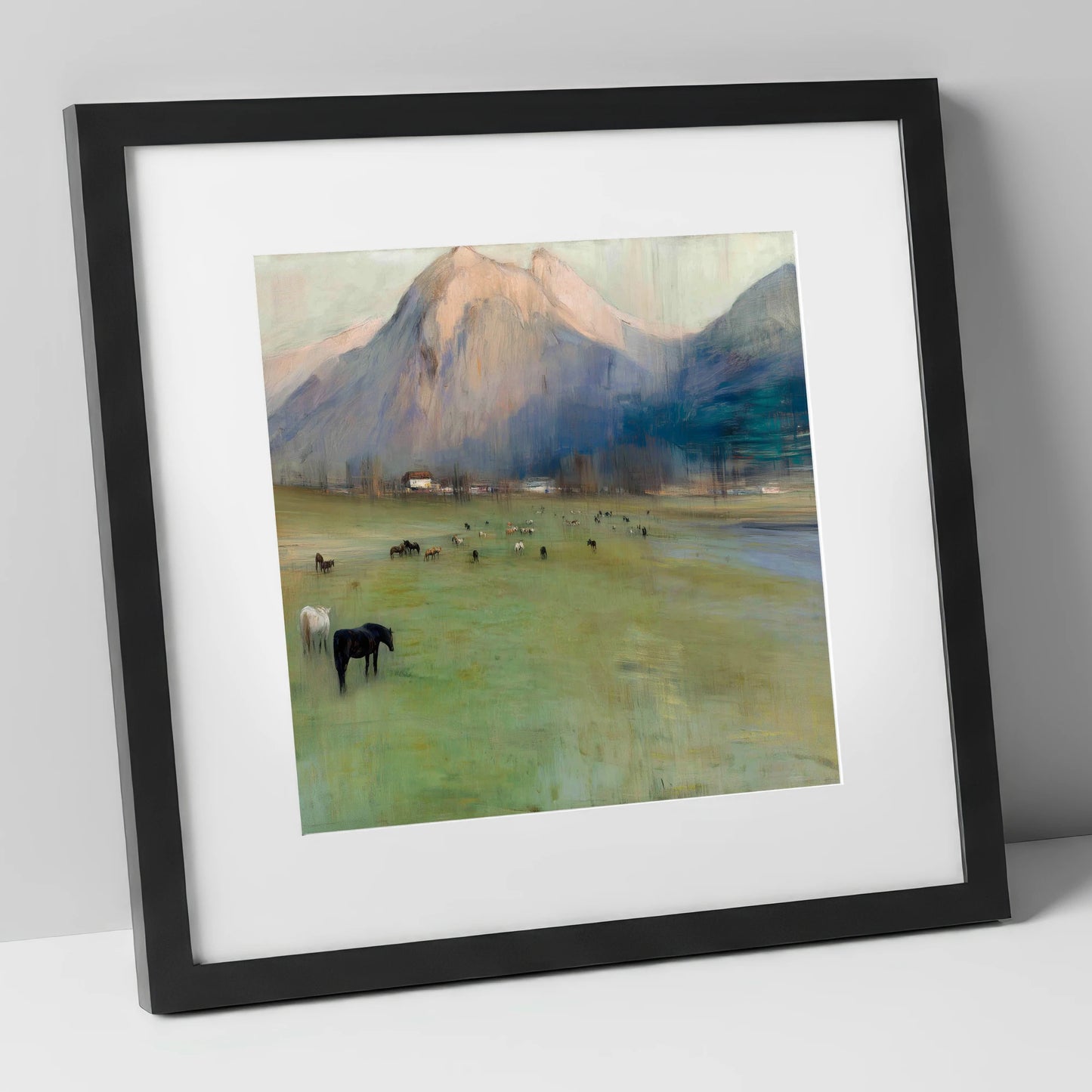 Alpine Grazing horse landscape art print in black frame