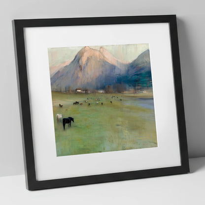 Alpine Grazing horse landscape art print in black frame