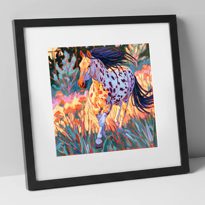 Colourful Appaloosa at Canter horse breed art print in black frame