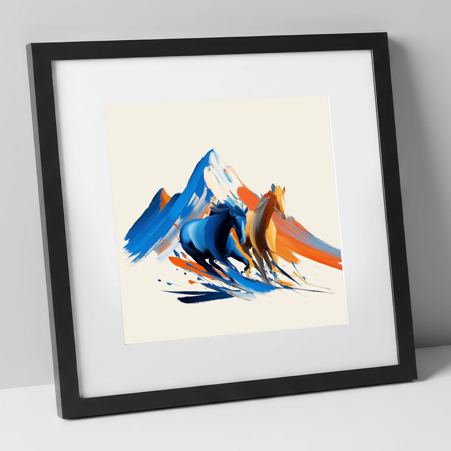 Vivid Mountain Strides horse landscape art print in black frame