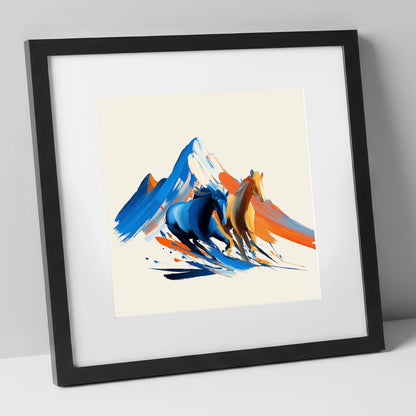 Vivid Mountain Strides horse landscape art print in black frame