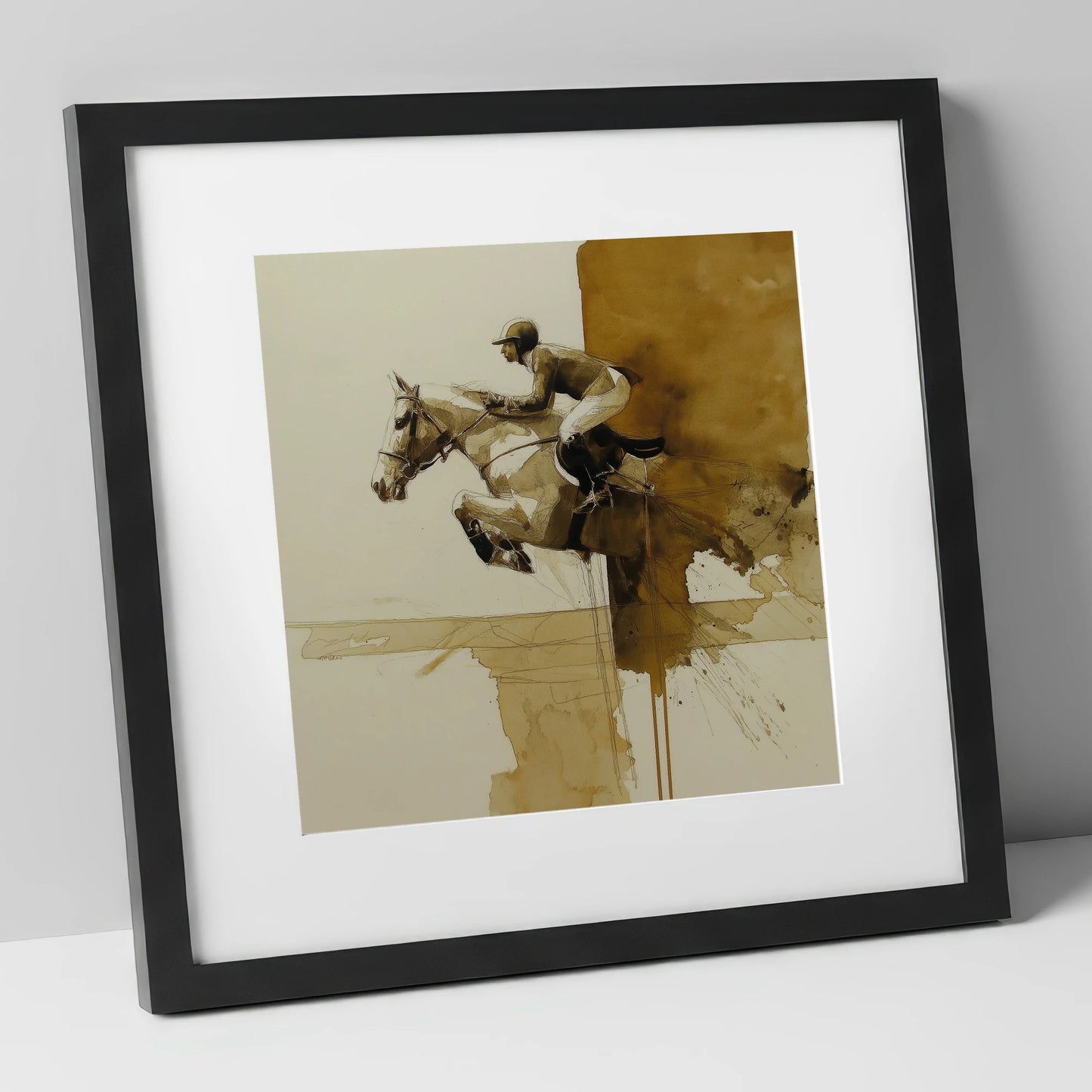 Airborne in Sepia show jumping horse art print in black frame