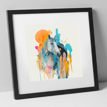 Vibrant Connection horse & rider art print in black frame