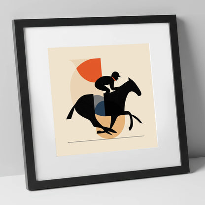Retro Racing Silhouette racing horse art print in black frame