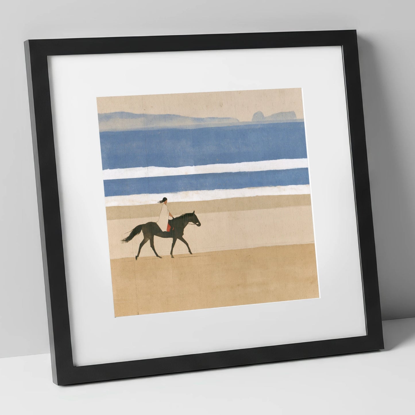 Tranquil Coastal Ride beach horse art print in black frame