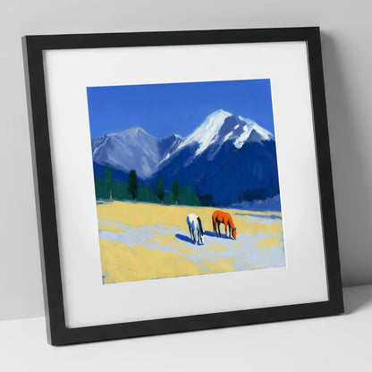 Azure Peaks and Golden Grazing horse landscape art print in black frame