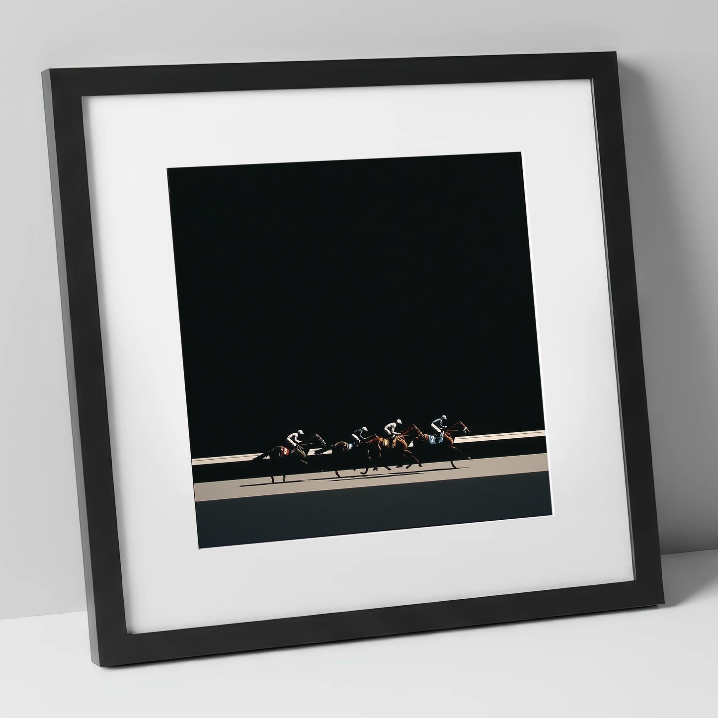 The Midnight Gallop racing horse art print in black frame