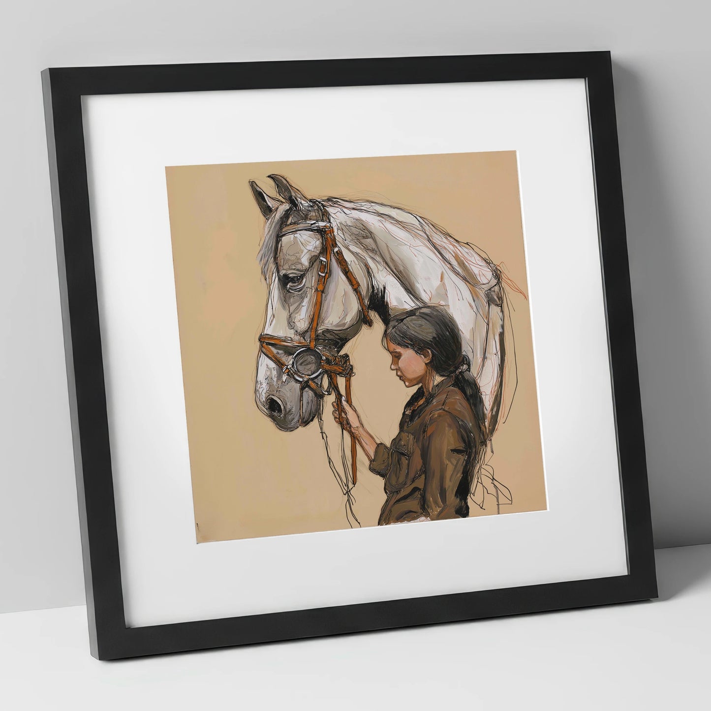 Quiet Connection horse & rider art print in black frame