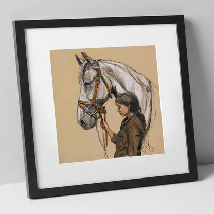 Quiet Connection horse & rider art print in black frame