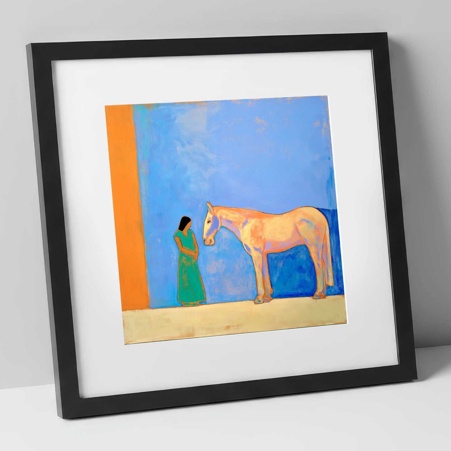 Silent Understanding horse & rider art print in black frame