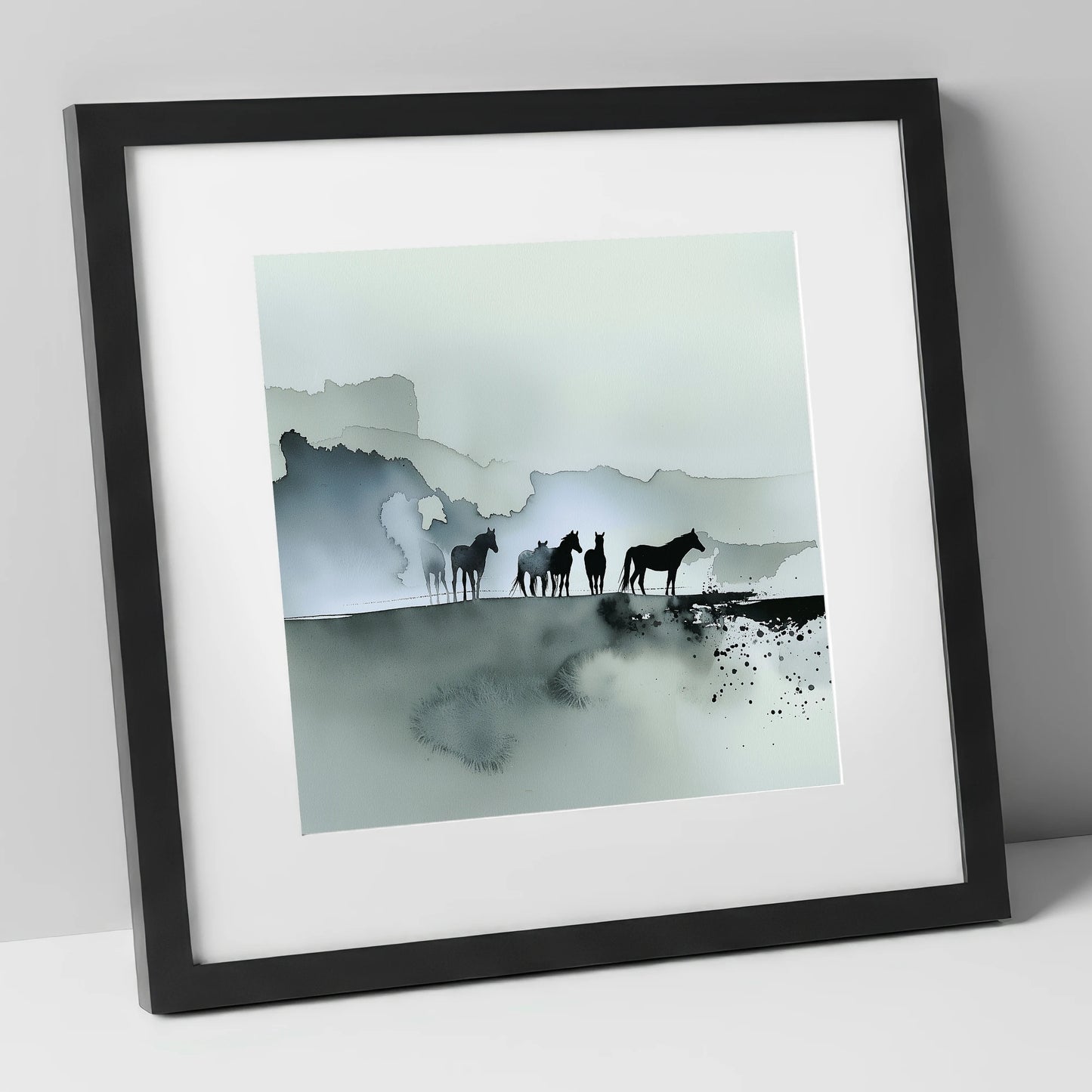 Silent Sentinels of the Mist wild horses art print in black frame